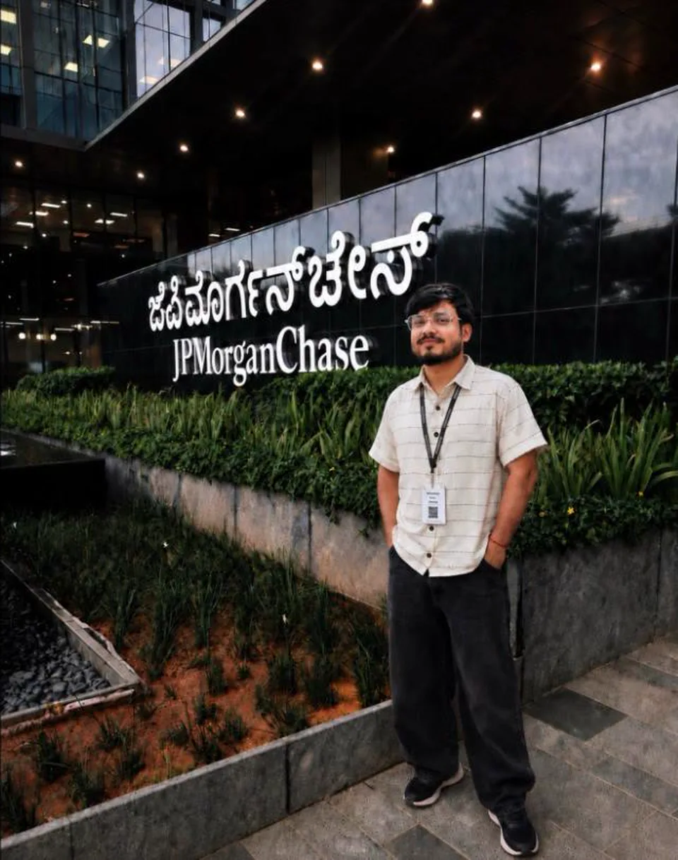 Siddhant Gour outside the JPMorgan Chase building in Bengaluru