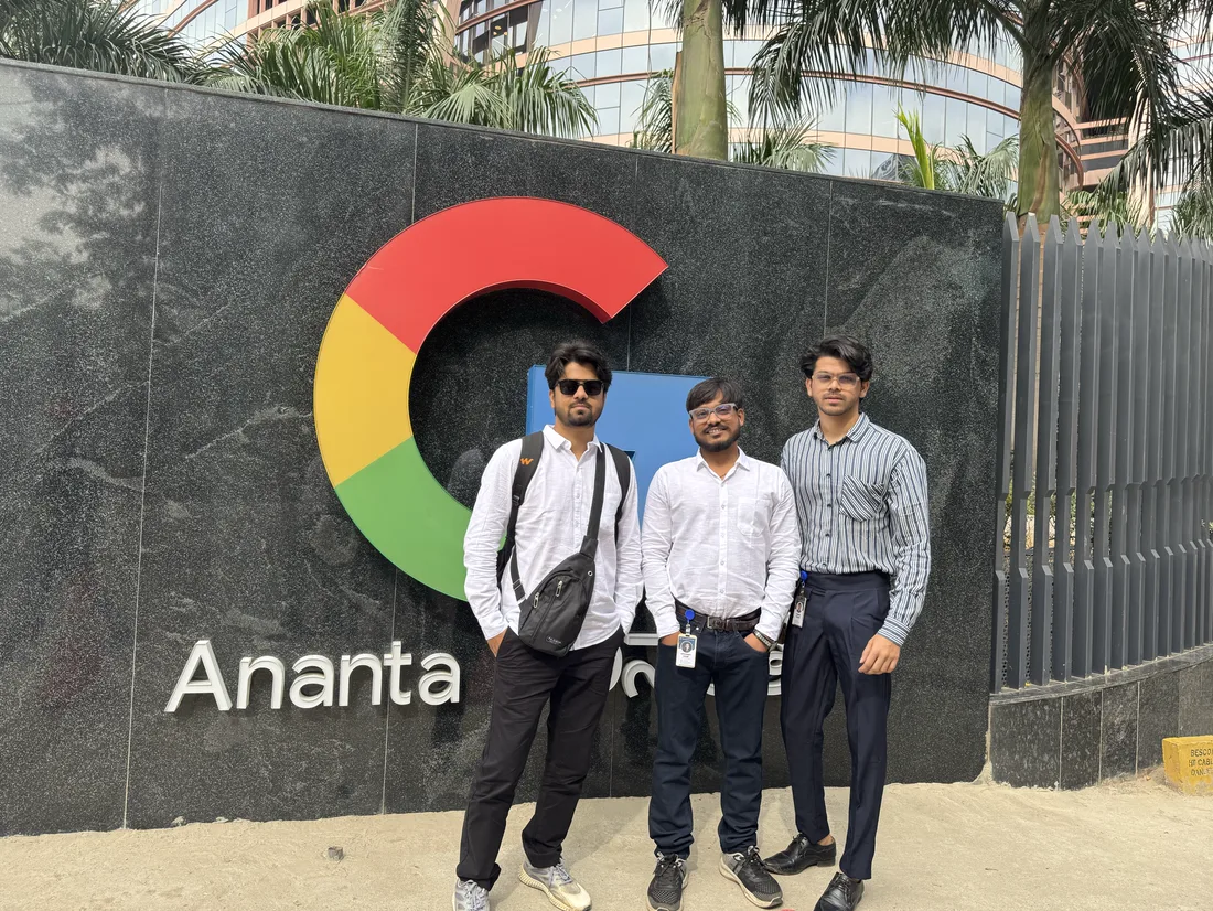 Siddhant Gour and two others in front of the Google Ananta sign in Bengaluru