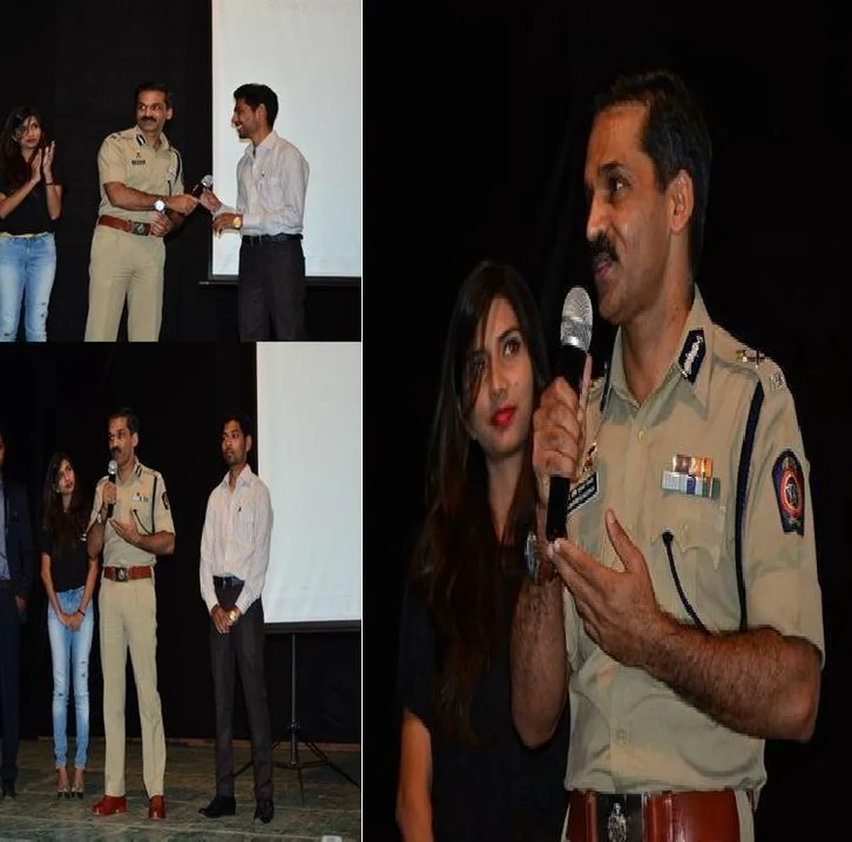 A police officer speaking with a microphone at a cyber security awareness event in Nashik
