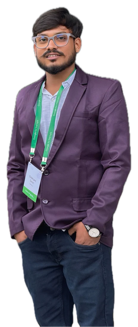 Siddhant Gour in a purple blazer with a Google event lanyard